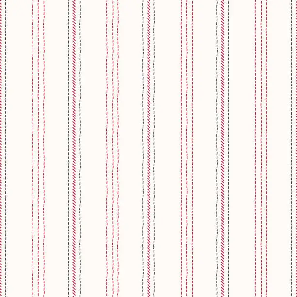 Vector illustration of Hand-Drawn Vertical Stripes with Red and Black Embroidery Stitches on White Background Vector Seamless Pattern