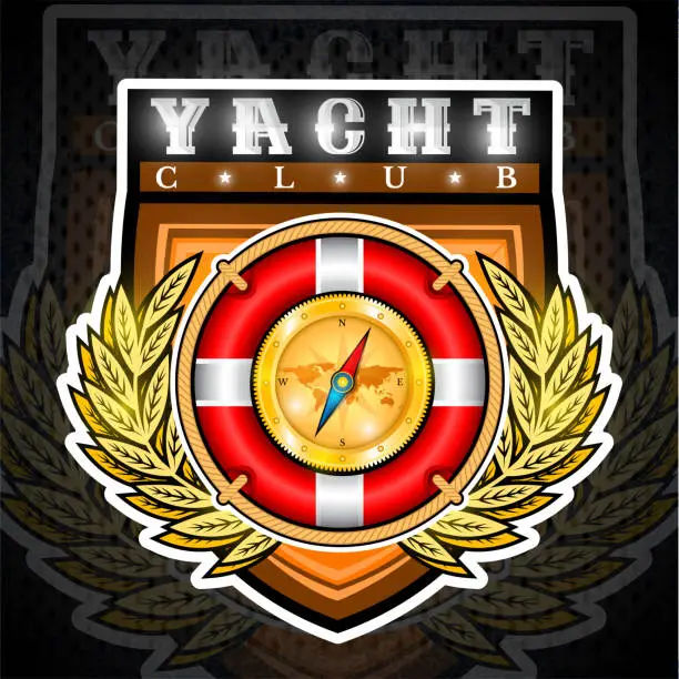 Vector illustration of Golden compass on red lifebuoy in the middle of golden wreath in center of shield. Sport label for any yachting or sailing team or championship