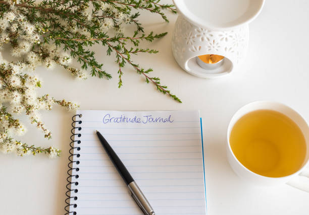 istock Gratitude journal with pen, cup and flowers 1185622774