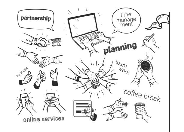 Set of hand drawn business concepts: planning, time management, teamwork, online service. Set of hand drawn business concepts: planning, time management, teamwork, online service. Hand drawn human hands, mobile phone, laptop, coffee cup isolated on white background. Vector illustration. service drawings stock illustrations