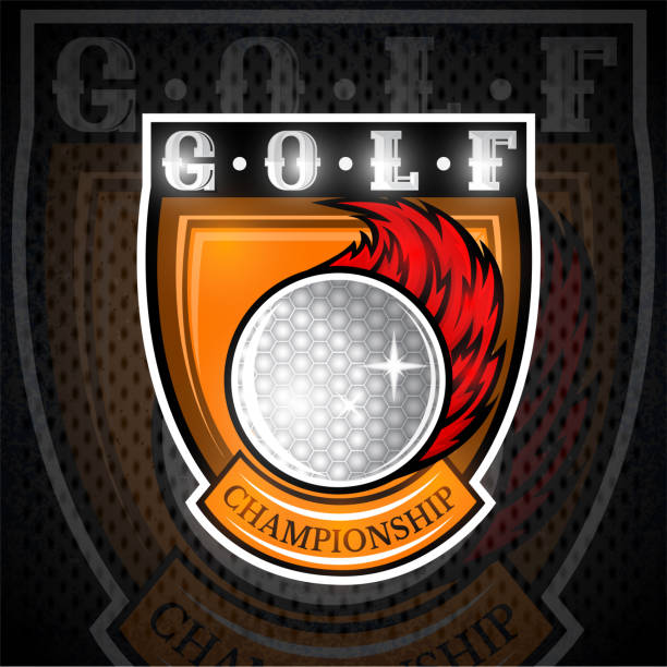 illustrazioni stock, clip art, cartoni animati e icone di tendenza di pallina da golf con sentiero rosso al centro dello scudo. etichetta sportiva per qualsiasi squadra o campionato - golf ball golf fire backgrounds