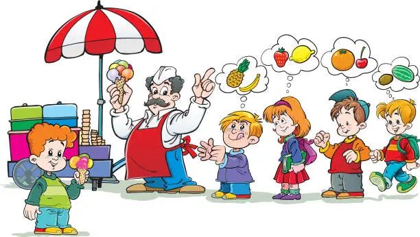 Vector illustration of A vector illustration of kids buying ice cream at an ice cream stand