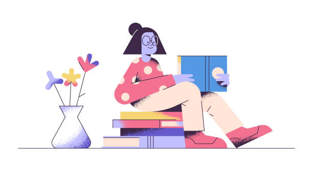 ilustrações de stock, clip art, desenhos animados e ícones de beautiful young adult woman is sitting on a heap of books and reading. studying, reading and education. modern textured vector illustration. - woman with glasses reading a book