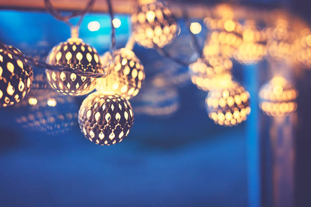 Golden pretty christmas lights on the window