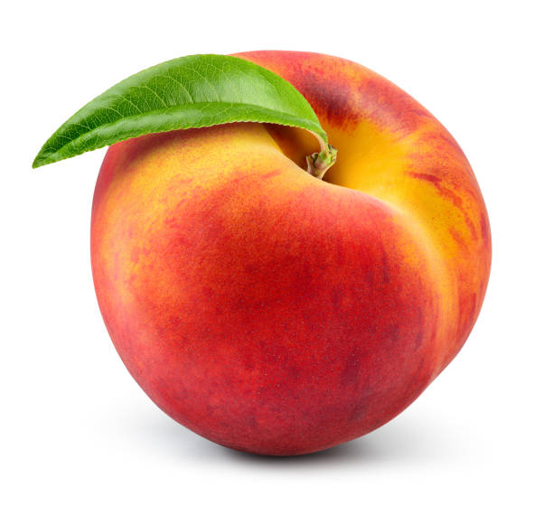 istock Peach isolate. Peach with leaf on white background. Full depth of field. With clipping path. 1185628356