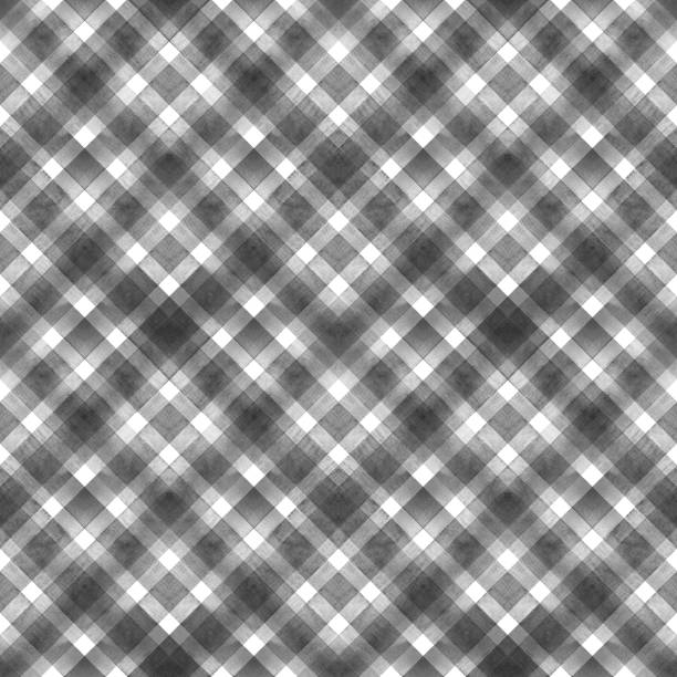 istock Watercolor diagonal stripe plaid seamless pattern. Black gray stripes on white background 1185629452