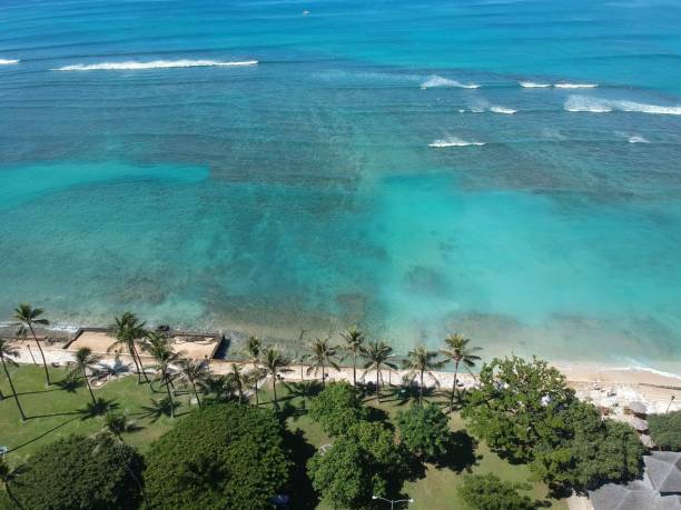 панорамный вид с воздуха на пляж гавайи вайкики - hawaii islands big island waikiki beach стоковые фото и изображения