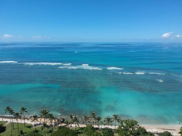 панорамный вид с воздуха на гавайи waikiki пляж - hawaii islands big island waikiki beach стоковые фото и изображения