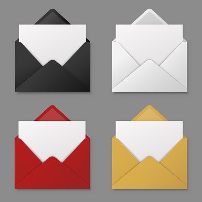 Open envelope. Black, red and white, yellow mail envelopes with blank paper letter sheet. 3d email icons vector isolated mockups office business postcard set