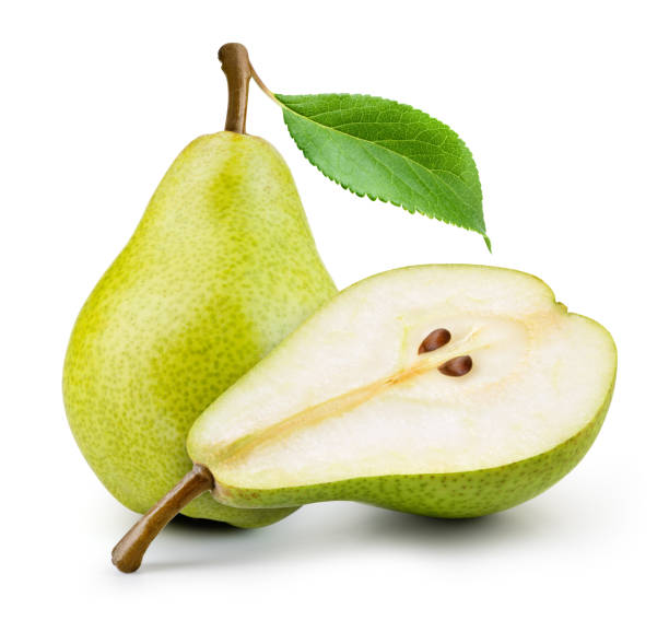 istock Isolated pears. One and a half green pear fruit isolated on white background. 1185632666