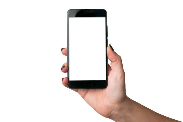istock Woman with black nails hold a blank screen smartphone on white background 1185633310