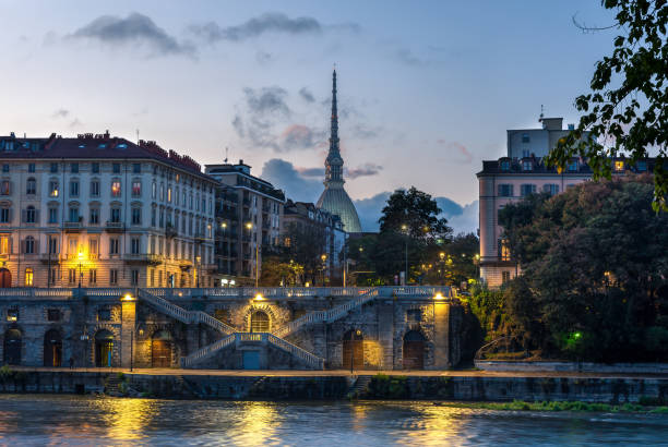 Turin, The Mole Antonelliana in bachground, and the river Po in first lane stock photo