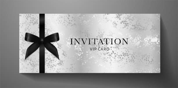 Luxurious VIP Invitation template with black bow, ribbon on silver textured background Premium class design for Gift certificate, Voucher, Gift card silver background stock illustrations