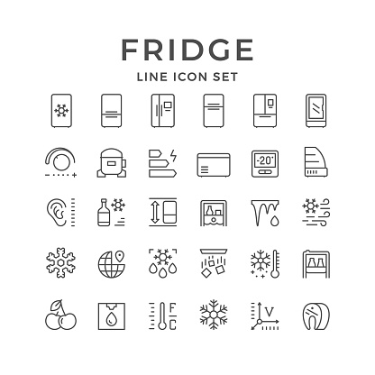 Set line icons of fridge, refrigerator, icebox isolated on white. Compressor, regulator, water cooler, defrosting, noise level, energy class, snowflake. Vector illustration