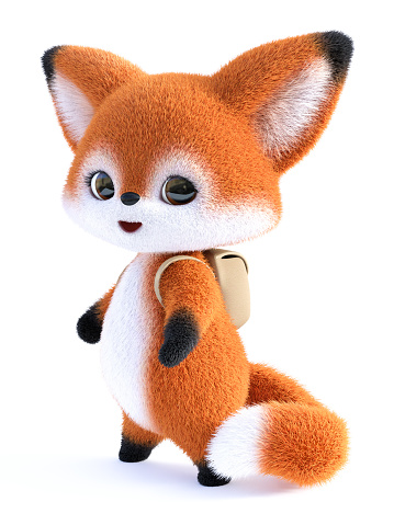 3D rendering of an adorable cute happy furry cartoon fox wearing a backpack, going to school. White background.