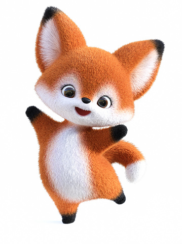 3D rendering of an adorable happy cute furry cartoon fox jumping for joy. White background.