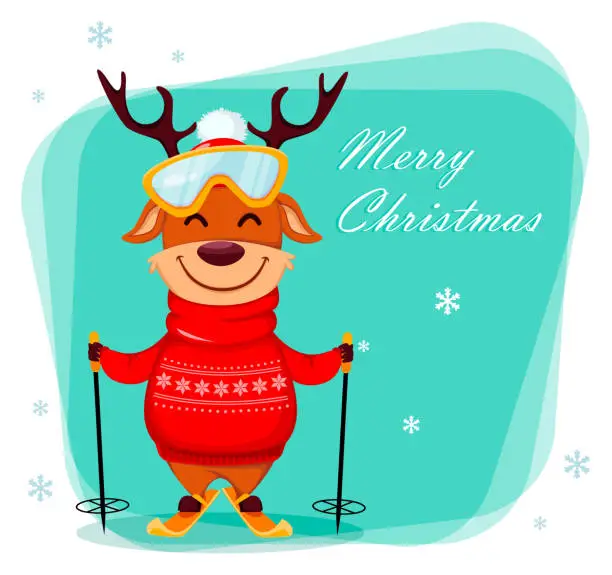 Vector illustration of Merry Christmas greeting card with funny reindeer