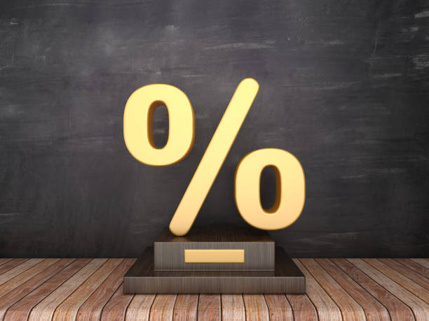 istock Trophy with Percentage Sign on Wood Floor - Chalkboard Background - 3D Rendering 1185646062