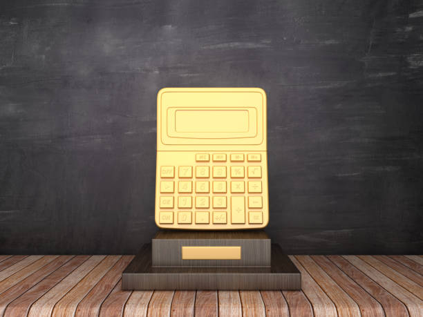istock Trophy with Calculator on Wood Floor - Chalkboard Background - 3D Rendering 1185646172