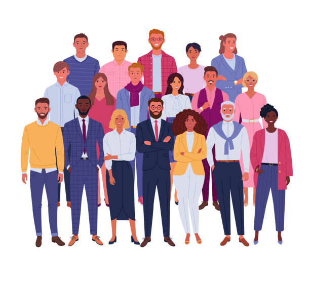 Modern business team. Vector illustration of diverse business people and company members, standing behind each other. Isolated on white. business people stock illustrations