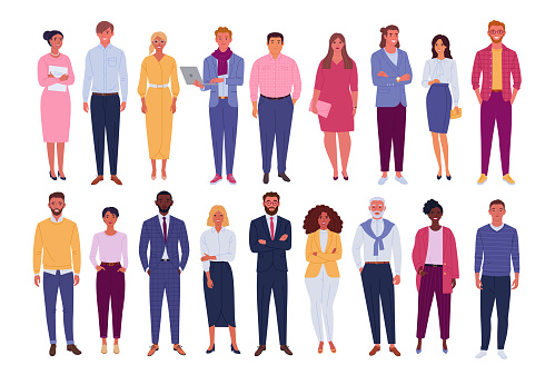 Vector illustration of diverse cartoon standing men and women of various races, ages and body type. Isolated on white