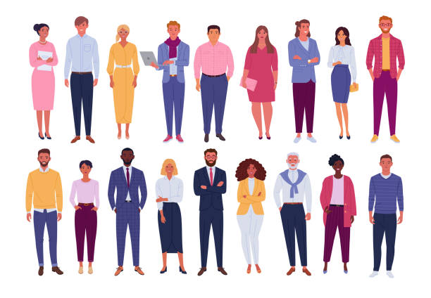 Office people collection. Vector illustration of diverse cartoon standing men and women of various races, ages and body type. Isolated on white group of women all ages stock illustrations