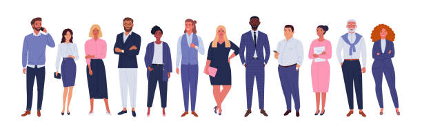 Business multinational team. Vector illustration of diverse cartoon men and women of various races, ages and body type in office outfits. Isolated on white. standing stock illustrations