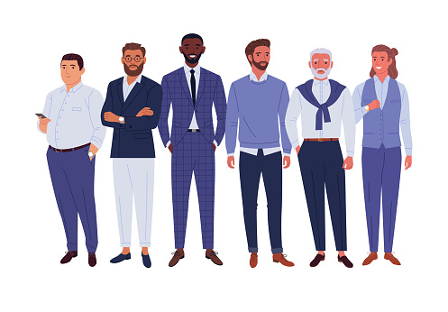Vector illustration of diverse standing cartoon men in office outfits. Isolated on white.