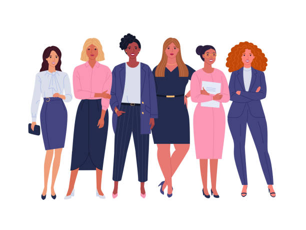 Business ladies team. Vector illustration of diverse standing cartoon women in office outfits. Isolated on white. cartoon woman stock illustrations