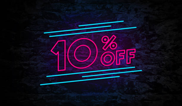 10% off неоновый знак на кирпичной стене - number 10 percentage sign promotion sale стоковые фото и изображения