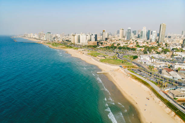 istock Tel Aviv skyline off the shore of the Mediterranean sea - Panoramic aerial image 1185646881