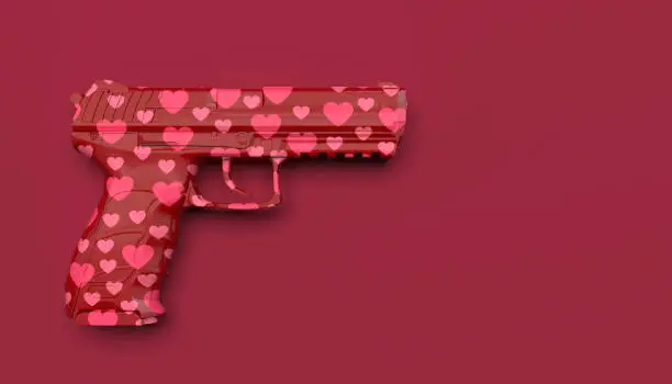 Photo of Red gun pattern with pink hearts on a red background. Creative conceptual illustration with copy space. 3D rendering