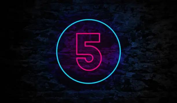 Number 5 Neon Sign on Brick Wall Background