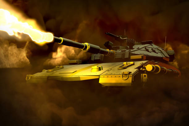 istock forest camo heavy tank with not real design fighting fire with fire all around, tank fight concept - military 3D Illustration 1185647798