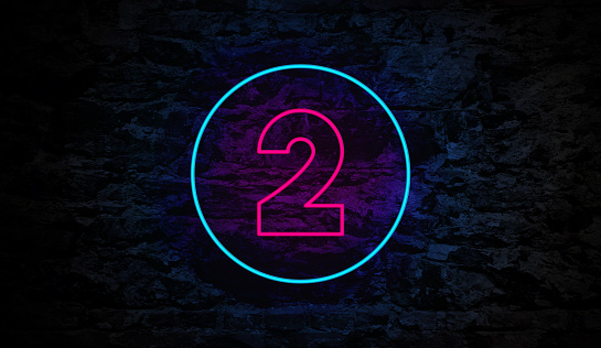 Number 2 Neon Sign on Brick Wall Background