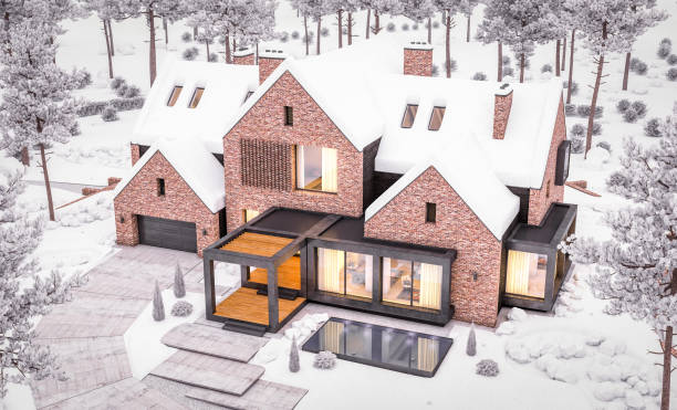 istock 3d rendering of modern clinker house on the ponds with pool in evening night 1185649611