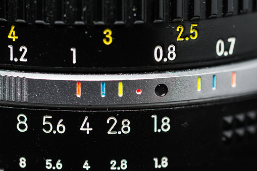 Detail of a photographic lens with focus and f-stop marks