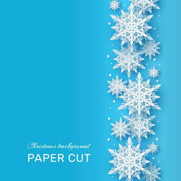 Vector illustration of Christmas background. Papercut 3d white snowflake shapes on blue backdrop, winter holiday card. Xmas frozen pattern vector concept