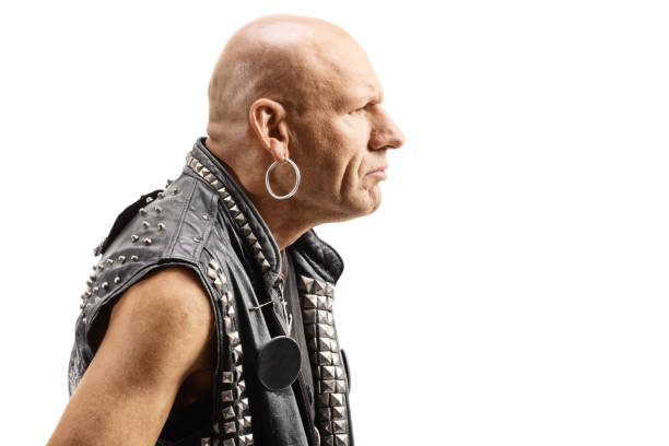 istock Angry bald man in a leather vest 1185653055