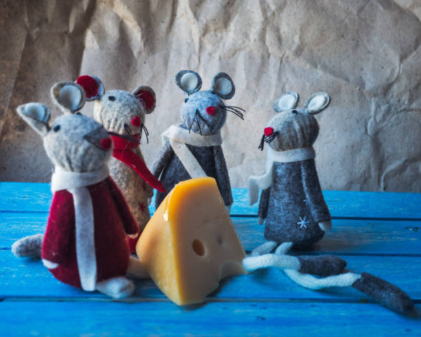 New Year card with decorative mice and cheese on a blue background