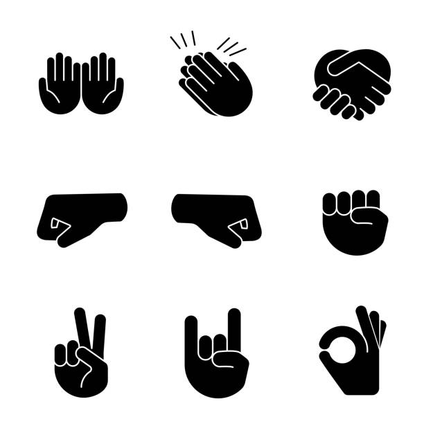 Hand gesture emojis glyph icons set Hand gesture emojis glyph icons set. Begging, applause, handshake, left and right fists, peace, rock on, OK gesturing. Shaking, cupped, clapping hands. Silhouette symbols. Vector isolated illustration pleading emoji stock illustrations
