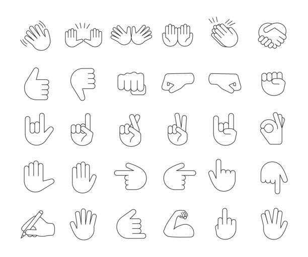 illustrazioni stock, clip art, cartoni animati e icone di tendenza di set di icone lineari emoji gesto mano - roccia immagine