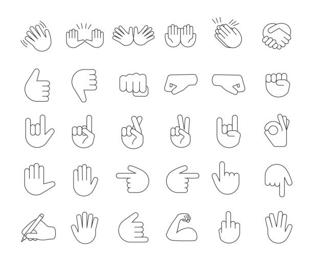 ilustrações, clipart, desenhos animados e ícones de gesto de mão emojis ícones lineares definido - waving