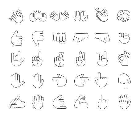 Hand gesture emojis linear icons set. Thin line contour symbols. Pointing fingers, fists, palms. Social media, network emoticons. Hand symbols. Isolated vector outline illustrations. Editable stroke