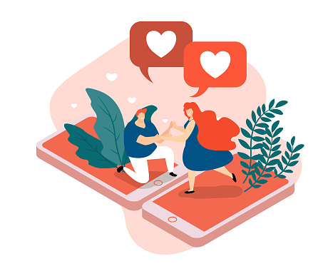 Virtual love isometric composition, man and woman standing on smart phone screen. Virtual love isometric background with man and woman during romantic relationships in internet space