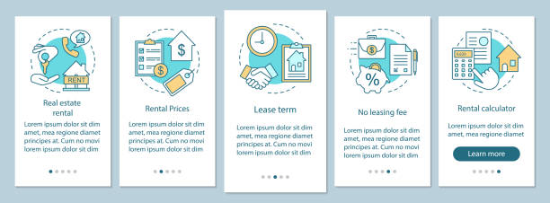 аренда недвижимости на борту экрана страницы мобильного приложения с линейными концепциями - tabs interface icons internet web page stock illustrations