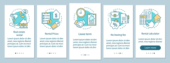 Real estate rental onboarding mobile app page screen with linear concepts. Choose housing type, price, term walkthrough steps graphic instructions. UX, UI, GUI vector template with illustrations