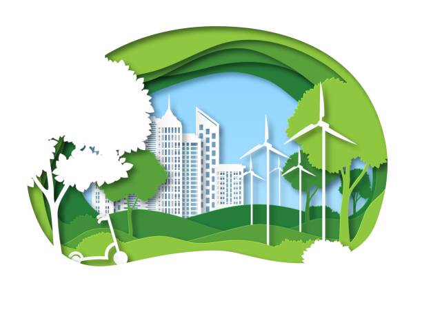 Eco city. Future ecosystem with building, tree and windmill. Green recycling energy, save environment papercut vector urban ecology concept Eco city. Future ecosystem with building, tree and windmill. Green recycling energy, save environment papercut vector urban ecology protection biology concept papercutting illustrations stock illustrations