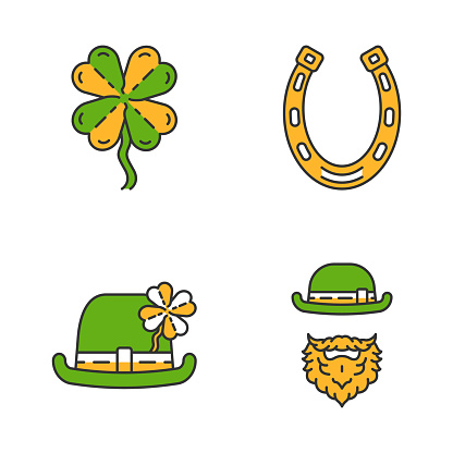 Saint Patrick’s Day color icons set. Feast of St. Patrick. Bowler hat, leprechaun, horseshoe, four leaf clover. Good luck mascots. Isolated vector illustrations
