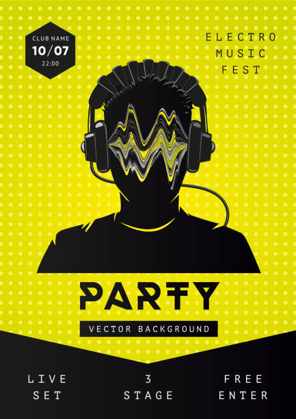 Electro music party poster template. Dance festival background with dj face. Night club fkyer design Electro music party poster template. Night club flyer design Dance festival background with dj face. dj clipart stock illustrations